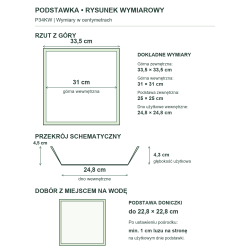 P34KW — rysunek wymiarowy i dobór podstawy doniczki z co najmniej 1 cm luzu na stronę P34KW — rysunek wymiarowy i dobór podstawy doniczki z co najmniej 1 cm luzu na stronę