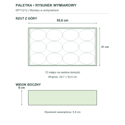 DPT12/12 — rysunek wymiarowy całej paletki; dane z Relacje produktów DPT12/12 — rysunek wymiarowy całej paletki; dane z Relacje produktów