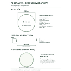 P35 — rysunek wymiarowy i dobór podstawy doniczki z co najmniej 1 cm luzu na stronę P35 — rysunek wymiarowy i dobór podstawy doniczki z co najmniej 1 cm luzu na stronę
