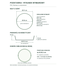 P30 — rysunek wymiarowy i dobór podstawy doniczki z co najmniej 1 cm luzu na stronę P30 — rysunek wymiarowy i dobór podstawy doniczki z co najmniej 1 cm luzu na stronę